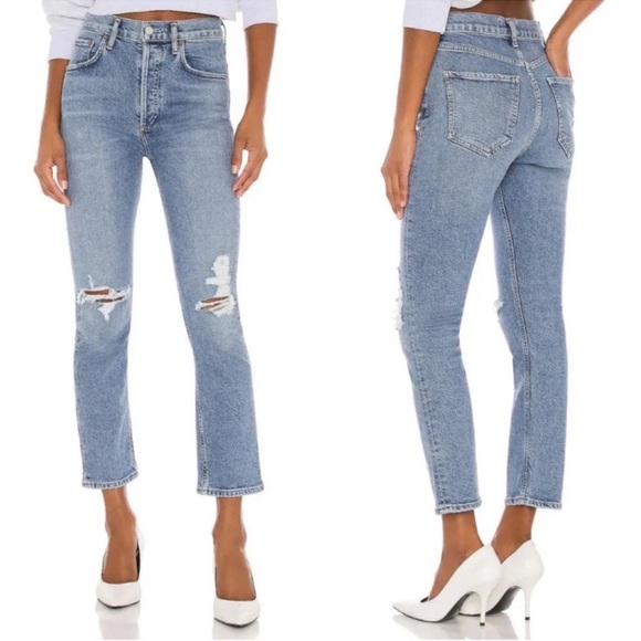 AGOLDE Riley High Rise Crop in Whip Lash Light Wash Distressed Size 25 - Picture 1 of 11